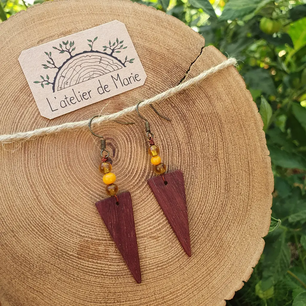 Boucles d'oreilles en bois - amarante et perle jaune 