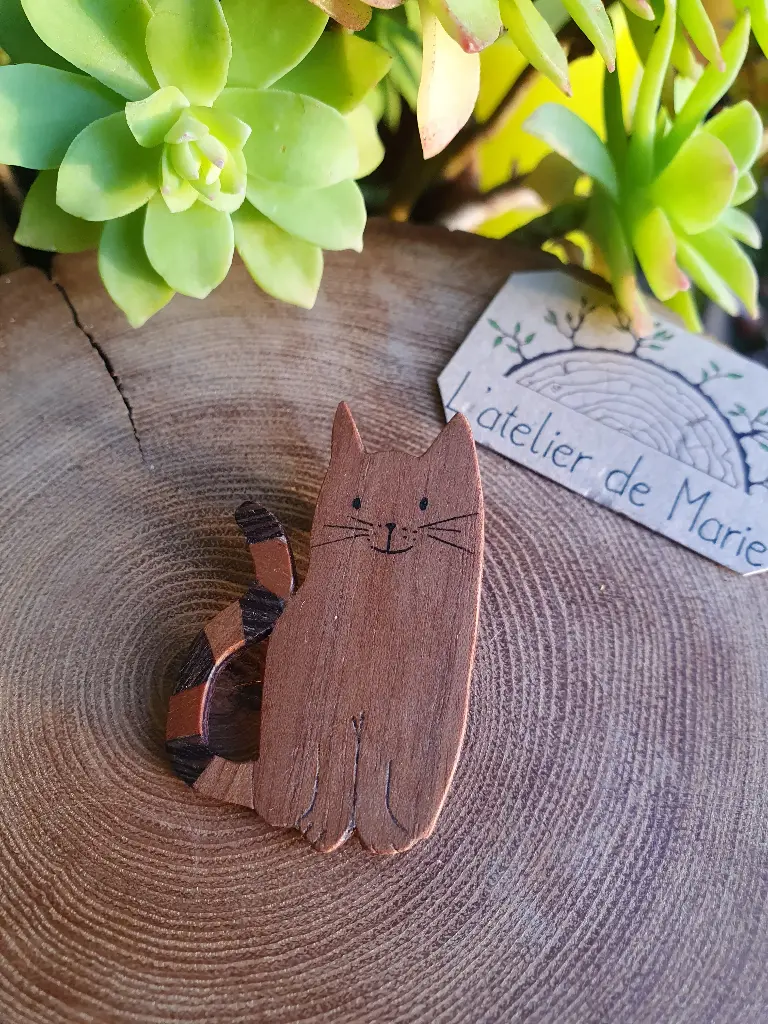 Broche marqueterie - chat