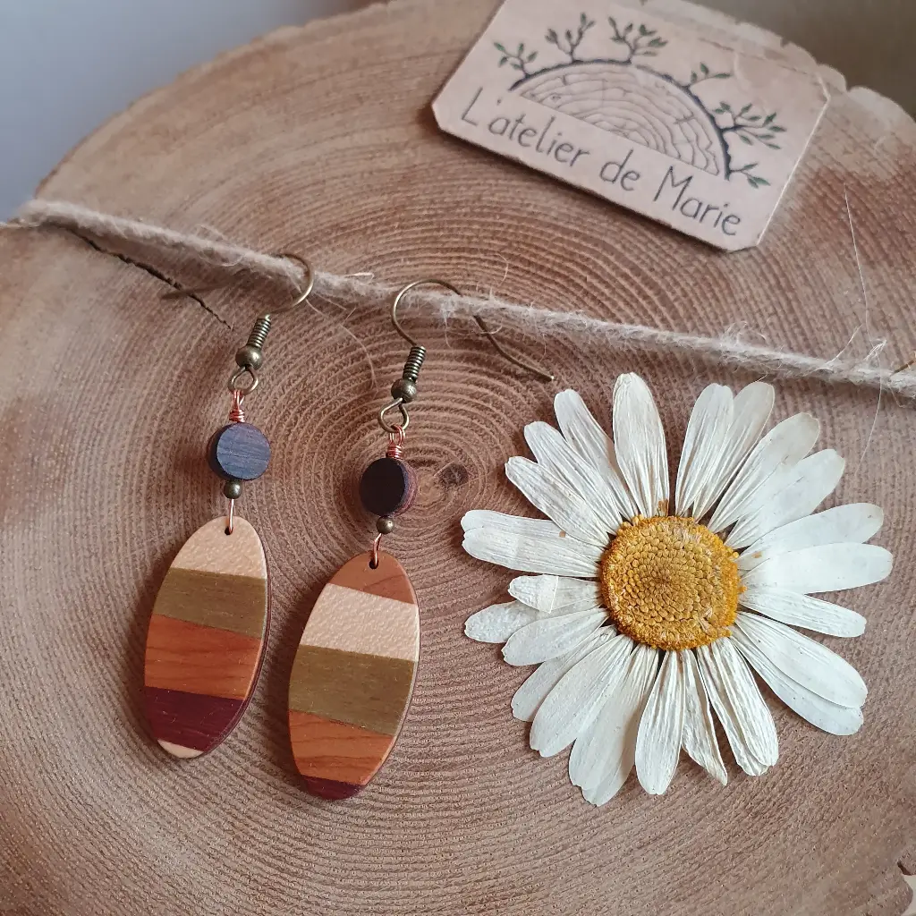 Boucles d'oreilles en bois ovale - if, padouk, vert, palissandre