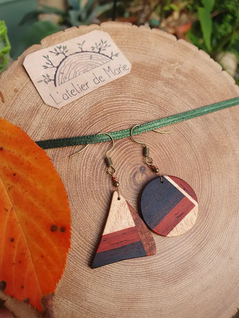Boucles d'oreilles ronde en bois - triangle palissandre padouk 