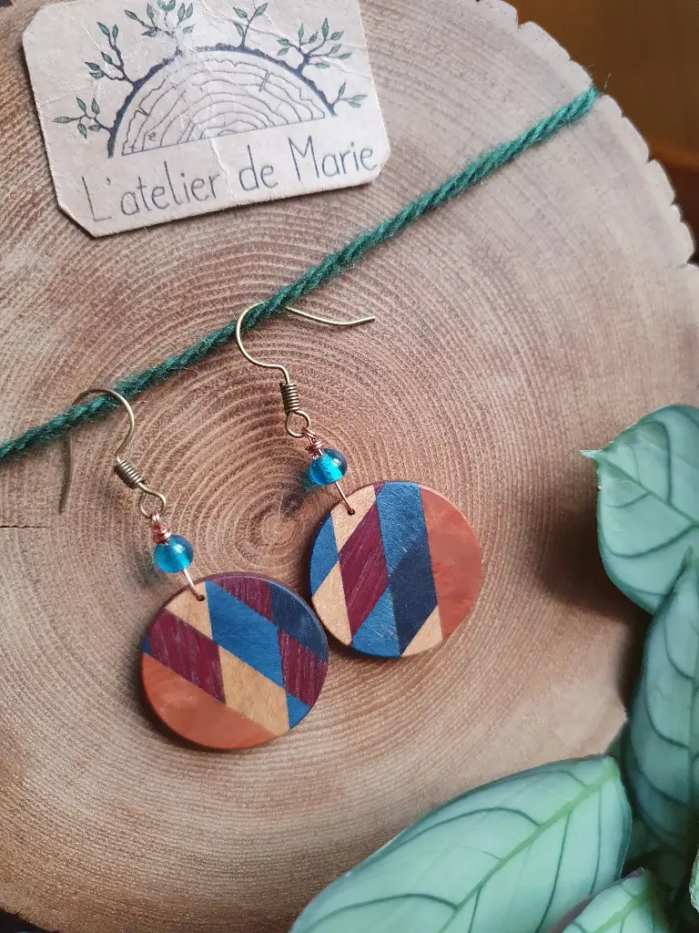 Boucles d'oreilles en bois - Mosaïque de losanges 