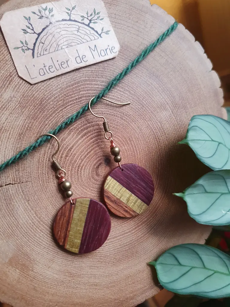 Boucles d'oreilles en bois - ronde en amarante, vert et zebrano 