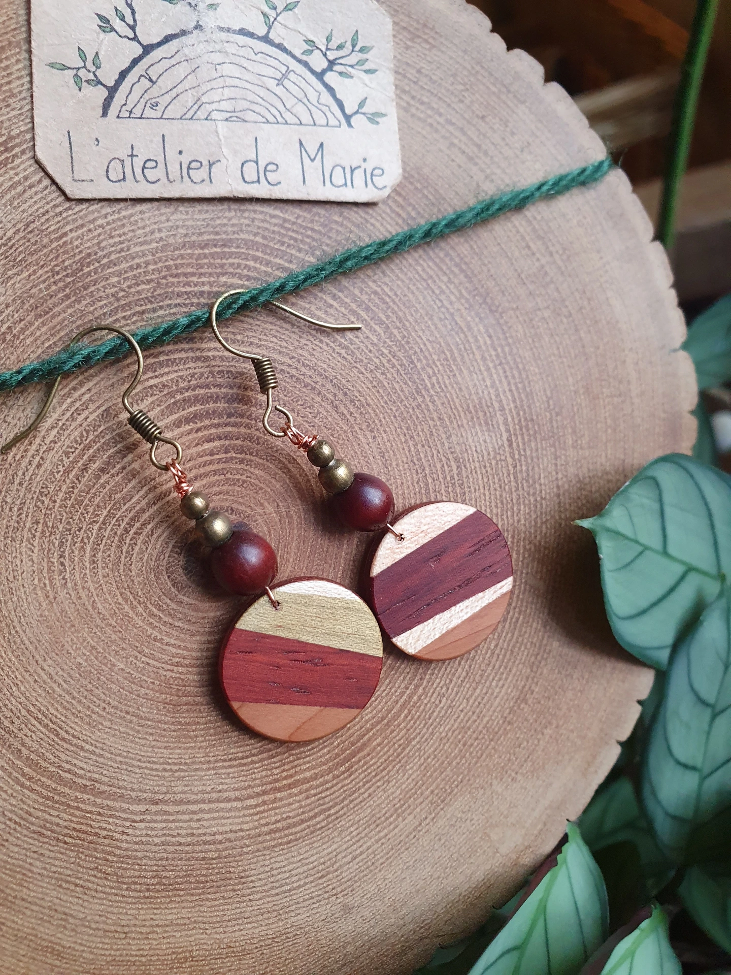 [BOM - 00083] Boucles d'oreilles en bois  - padouk, if, syco et bois teinté vert.