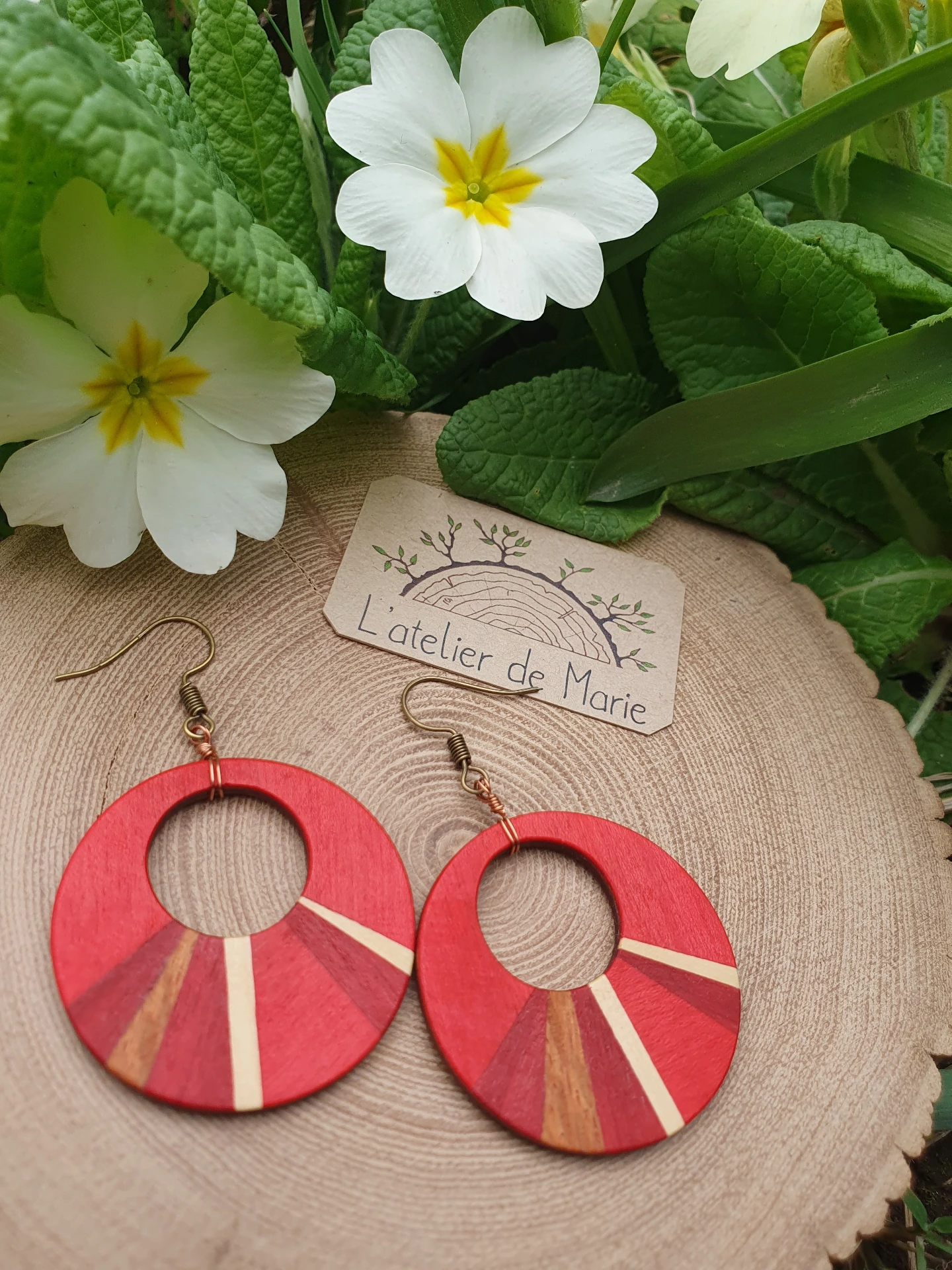 [BOM - 0095] Boucles d'oreilles ronde en bois ronde - Bois teinté rouge, merisier et sycomore