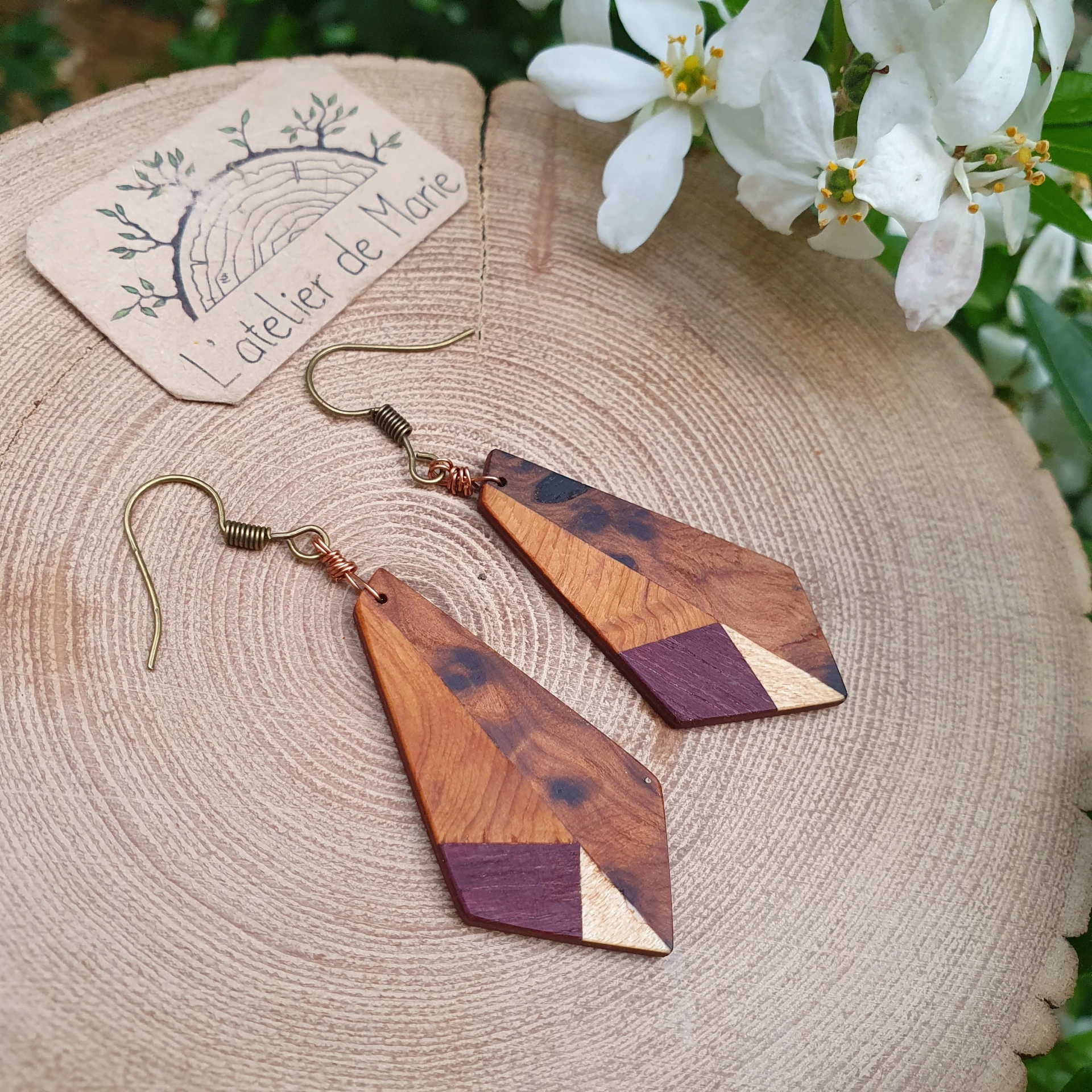Boucles d'oreilles ronde en bois - loupe de thuyas , sycomore, if et amarante