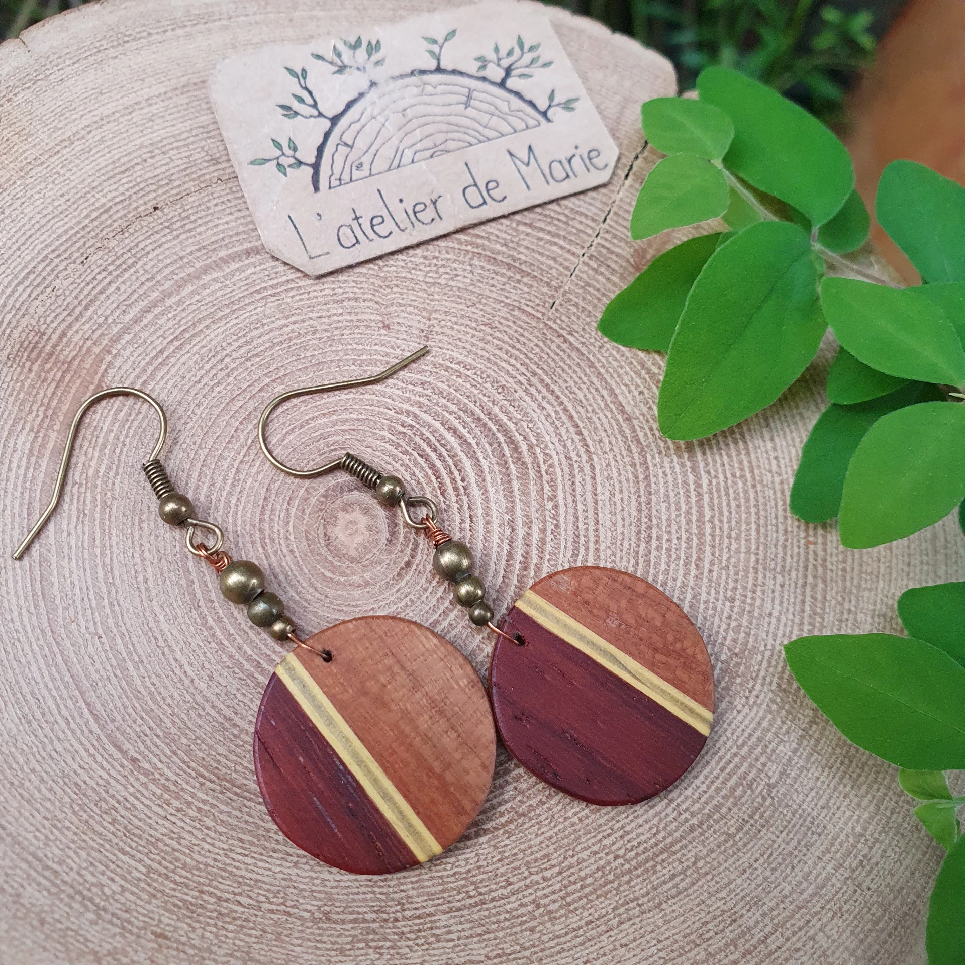 [BOM - 0114] Boucles d'oreilles ronde en bois - merisier et padouk, petit filet vert et jaune