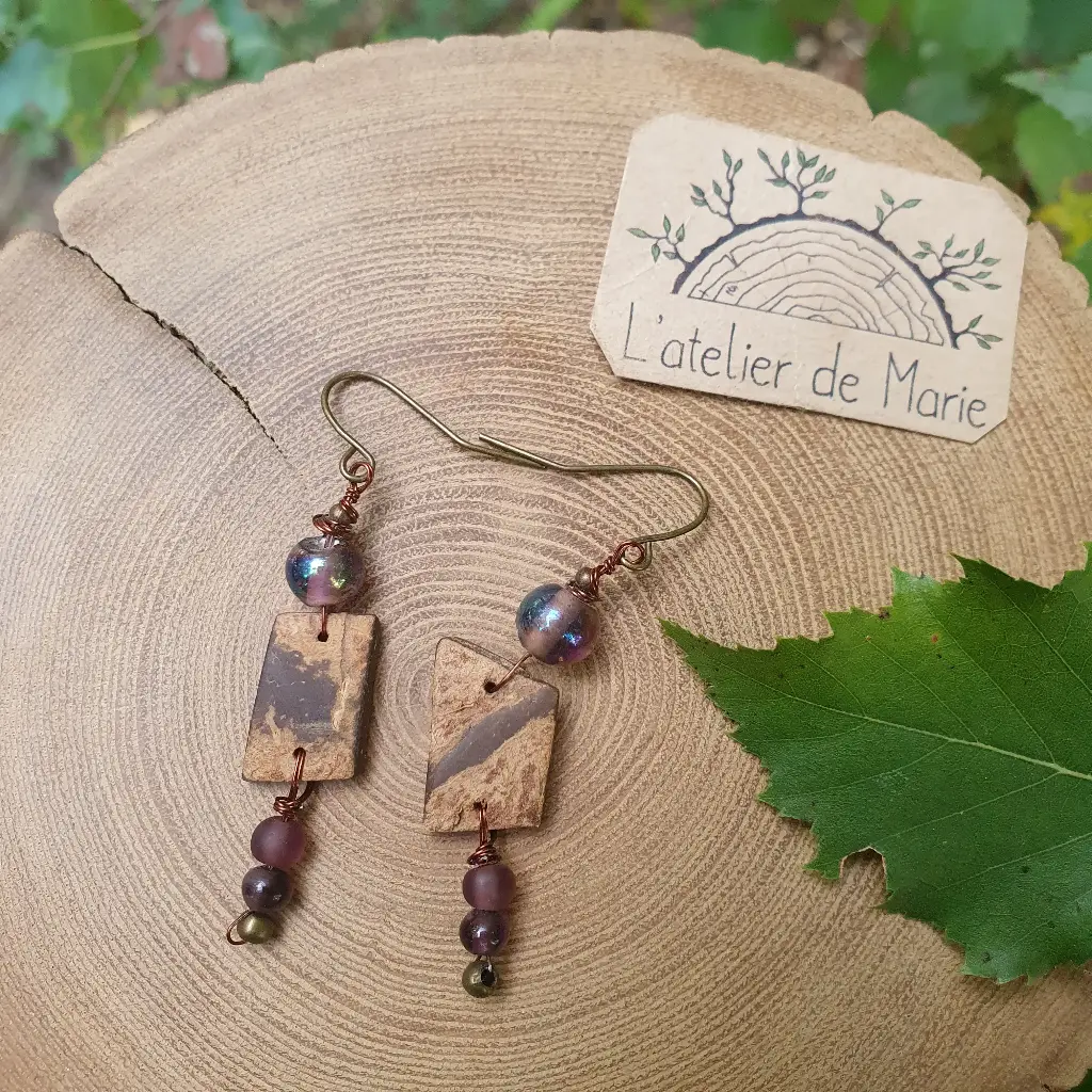 Boucles d'oreilles - noix de coco et perles en verre violettes