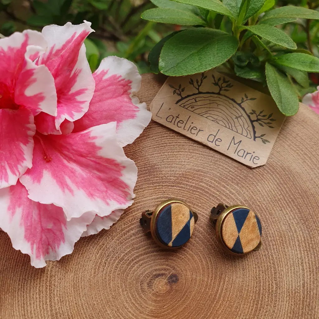 Boucles d'oreilles puces - clips - marqueterie 