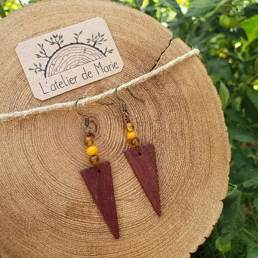 [BOS - 0012] Boucles d'oreilles en bois - amarante et perle jaune 