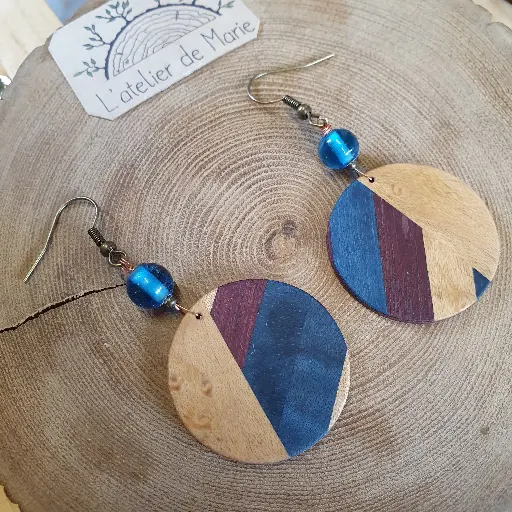 [BOM - 0015] Boucles d'oreilles en bois - sycomore, amarante et bois teinté bleu