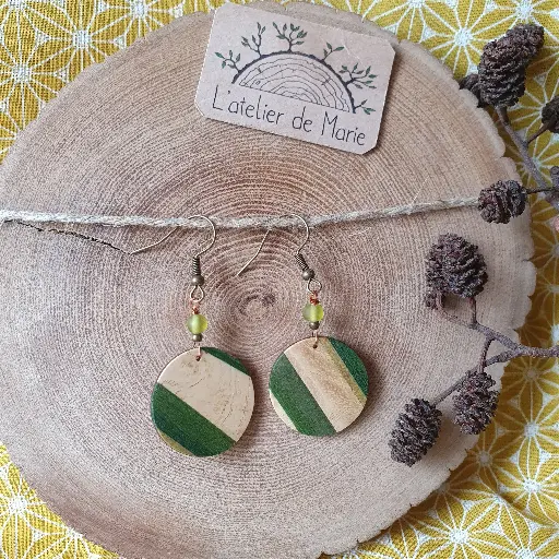 [BOM - 0019] Boucles d'oreilles ronde en bois - frêne et bois vert