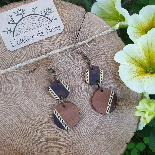 [BOM - 0022] Boucles d'oreilles ronde en bois - loupe de noyer et noyer
