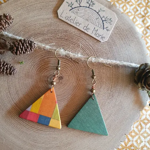 [BOM - 0024] Boucles d'oreilles ronde en bois - triangle asymétique