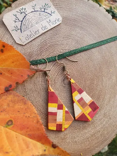 [BOM - 0071] Boucles d'oreilles en bois - mosaïque de couleurs automnales