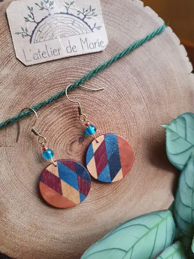 [BOM - 0084] Boucles d'oreilles en bois - Mosaïque de losanges 
