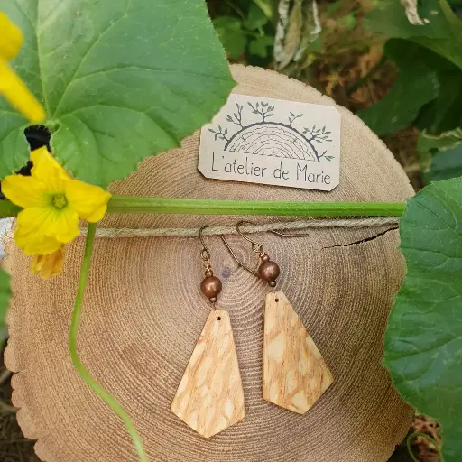[BOS - 0029] Boucles d'oreilles en bois - louro faïa et perle cuivré