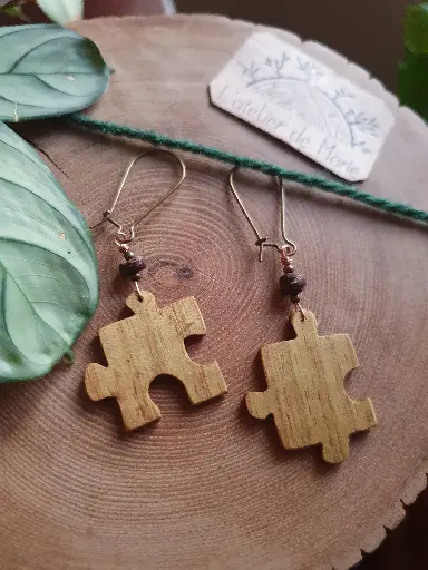 [BOS - 0083] Boucles d'oreilles en bois - puzzle vert