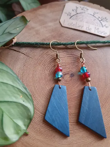 [BOS - 0085] Boucles d'oreilles en bois - trapèze allongé bleu