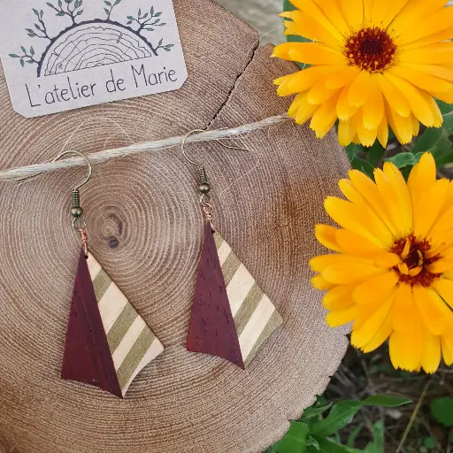 [BOM - 0002] Boucles d'oreilles en bois - padouk, sycomore, sycomore teinté vert.