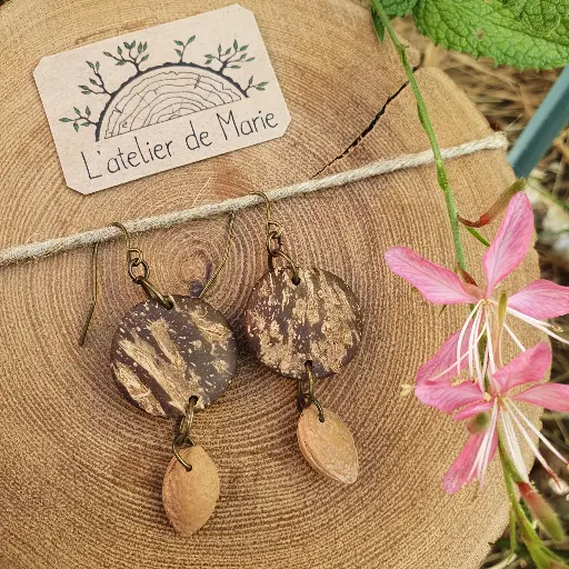 [BONC - 0001] Boucles d'oreilles - noix de coco et noyau de prune