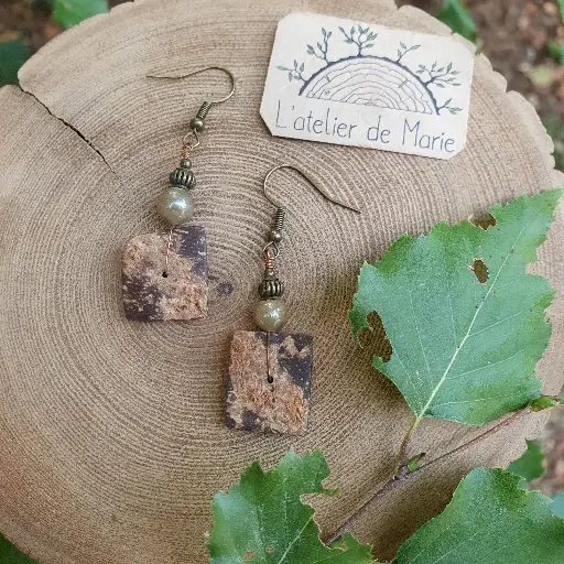 [BONC - 0005] Boucles d'oreilles - noix de coco et perle en verre / métal